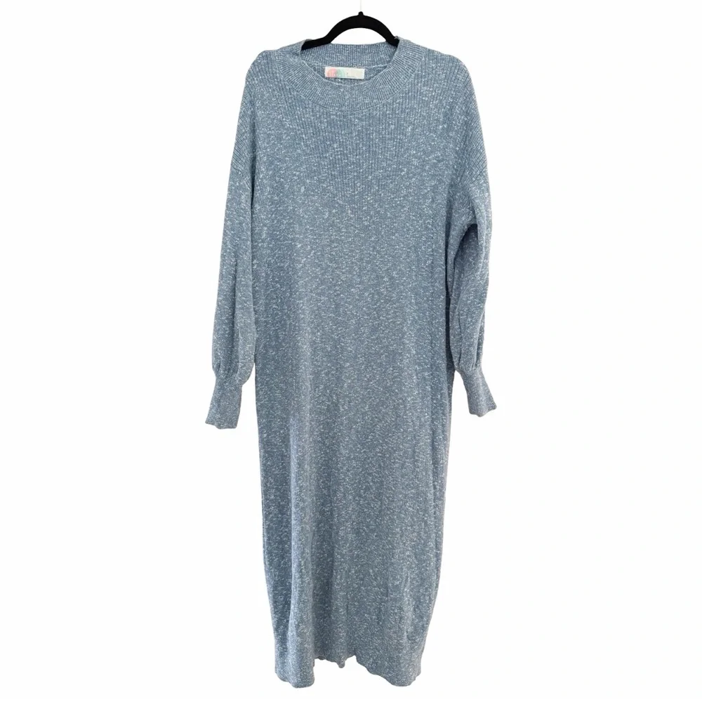 FREE PEOPLE BEACH Marled Long Sleeve Maxi Knit Crewneck Blue Dress Sz S - Picture 2 of 7